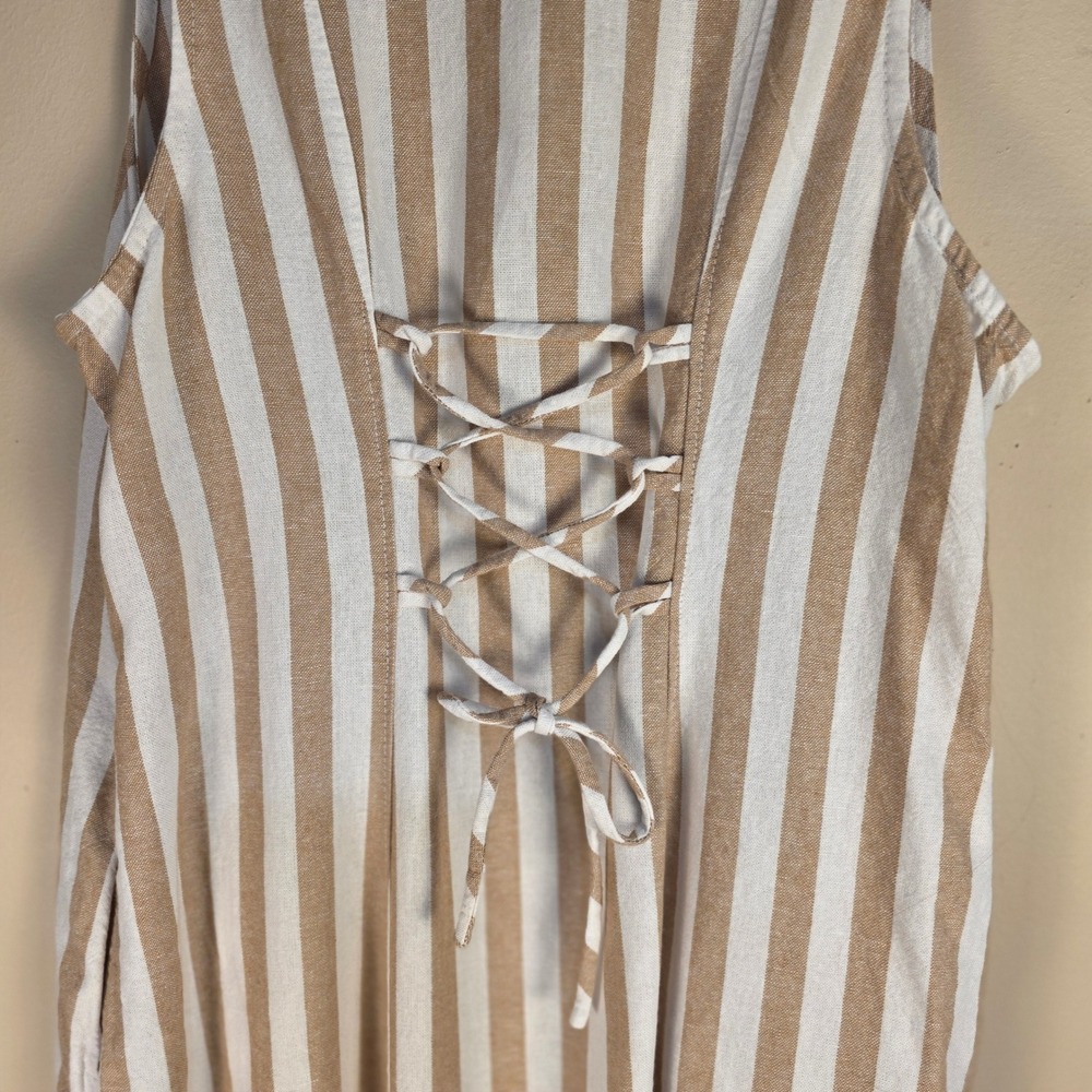 Old Navy Midi Dress Womens Medium Tan Striped Linen Blend Lace Up Back Pockets - Picture 5 of 10